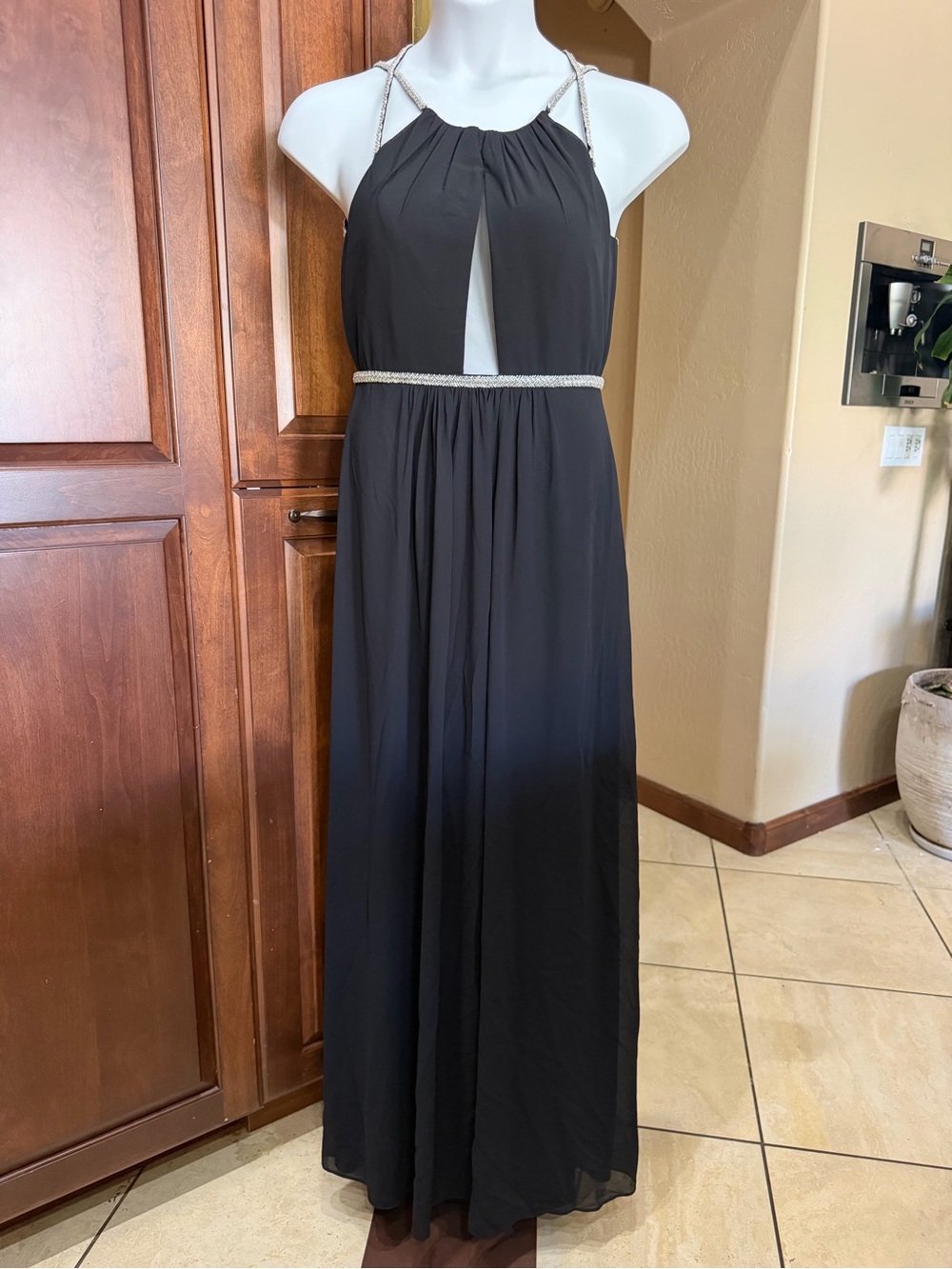 NWT Black Rhinestone Open Back Halter Maxi Dress Formal Evening Gown Large